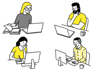 Cute character illustration of diverse man and woman working in workplace with computer laptop and desktop. Outline, linear, thin line art, hand drawn sketch design. 