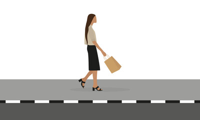 A female character with a paper bag in her hand walks on the sidewalk on a white background