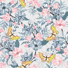 Pink and blue floral and butterfly seamless pattern
