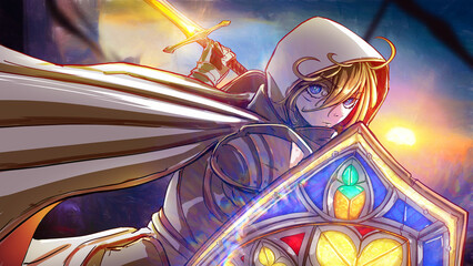A sweet and determined paladin girl with stained-glass blue eyes and a glass shield, she is a knight in white cloak and gilded armor, running into battle with a magical holy sword. 2d action anime art