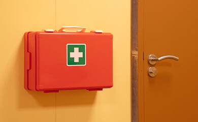 Orange first aid case hanging on the wall