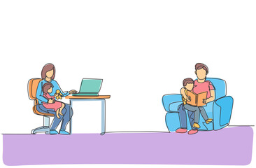 One continuous line drawing of young dad reading book to son and mother typing on laptop at home. Happy family parenting concept. Dynamic single line draw design vector illustration