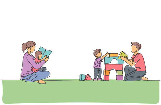 Single Continuous Line Drawing Of Young Mother Reading Book To Daughter And Father Playing Block Puzzle House With Son At Home. Happy Family Parenting Concept. One Line Draw Design Vector Illustration