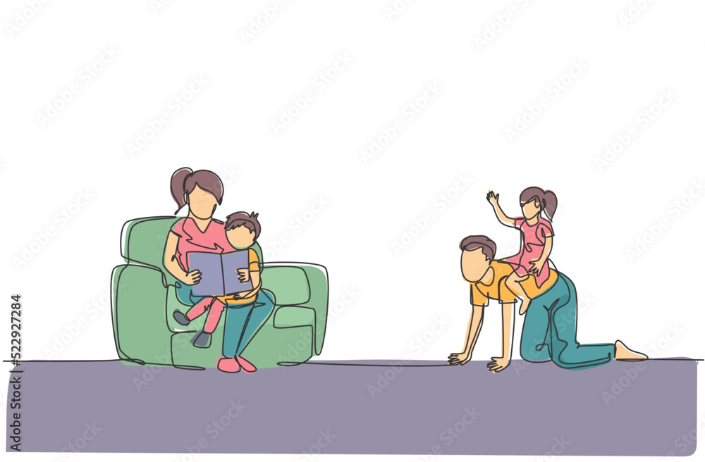 Poster one continuous line drawing of young play with daughter while mother sitting on sofa and reading boo