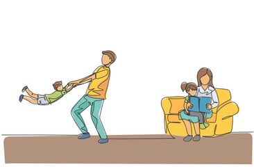 Single continuous line drawing of young father playing with son while mother sitting on sofa and reading book to daughter. Happy family parenting concept. One line draw design vector illustration