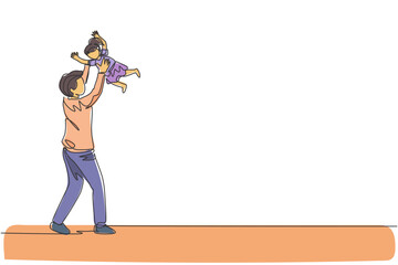 One continuous line drawing of young father playing raise his daughter up into the sky at home. Happy family parenthood concept. Dynamic single line draw design graphic vector illustration