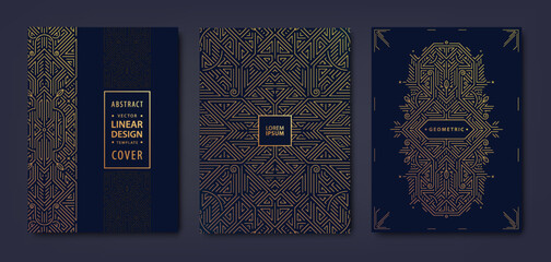 Set of vector Art deco, gatsby golden covers. Creative design templates. Trendy graphic poster, brochure, design, packaging and branding. Geometric shapes, ornaments, elements.