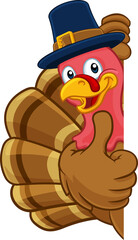 Pilgrim Turkey Thanksgiving bird animal cartoon character wearing a pilgrims hat. Peeking around a background sign and giving a thumbs up