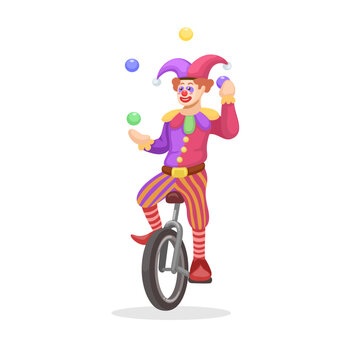 Clown Juggling Ball While Riding Unicycle One Wheeled Bicycle Cartoon Illustration Vector