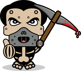 cute hannibal lecter bone mascot character cartoon vector illustration holding bloody pickaxe