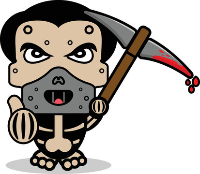 Cute Hannibal Lecter Bone Mascot Character Cartoon Vector Illustration Holding Bloody Pickaxe