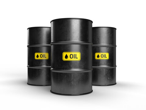 Three oil barrels on a white background. 3D illustration.