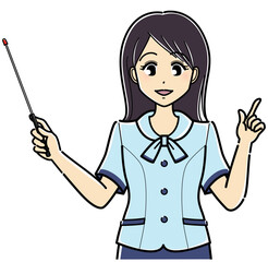 指示棒を持つオーバーブラウスの女性（上半身　正面）