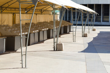 Empty market stalls. City market.