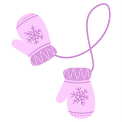 A pair of wool knitted mittens with a zigzag pattern and snowflakes. Cozy winter pink gloves isolated on white background. Vector flat illustration.
