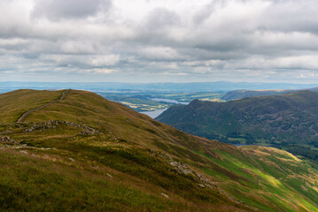National Park Lake District, Helvellyn Hills, view while climbing Lake Thirlmere and Red Tarm, crossing Striding Edge and Swirral Edge during fog, 2022.