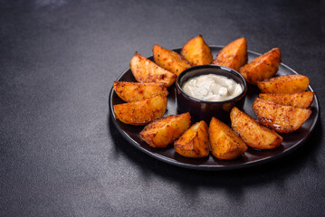 Baked potato wedges with cheese and herbs and tomato sauce on a dark background