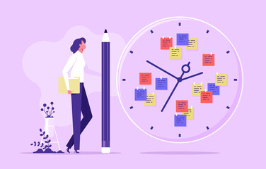 Manage your time concept. Effective planning and time management. Efficiency and productivity at work, businesspeople holding clocks. Work planning and time organization vector illustration - obrazy, fototapety, plakaty