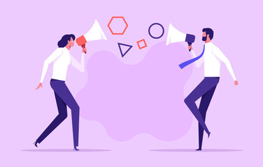 Conflict concept.Shouting at each other. People shouting into a megaphone at each other.Businessmen shouting through megaphone