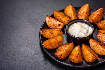 Baked potato wedges with cheese and herbs and tomato sauce on a dark background