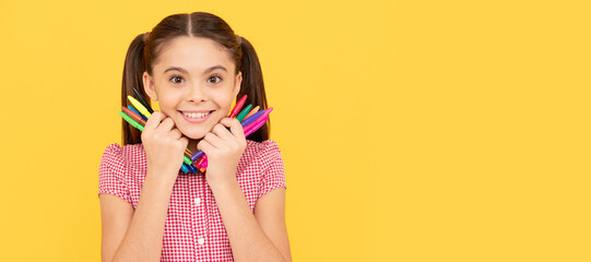 her hobby. creativity. back to school. cheerful teenage girl going to draw picture. Horizontal...