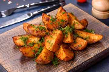 Baked potato wedges with cheese and herbs and tomato sauce on a dark background