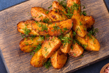 Baked potato wedges with cheese and herbs and tomato sauce on a dark background