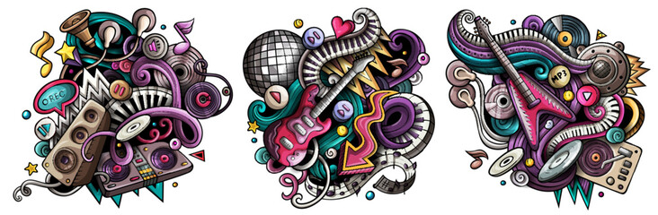 Disco music cartoon vector doodle designs set.
