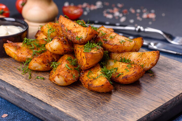 Baked potato wedges with cheese and herbs and tomato sauce on a dark background