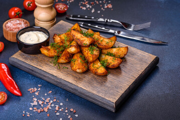Baked potato wedges with cheese and herbs and tomato sauce on a dark background