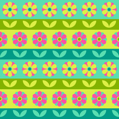 Retro cute geometric flower and leaf seamless pattern with striped background.
