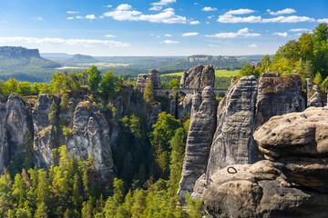 Panorama view of the Bastei. The Bastei is a famous rock formation in Saxon Switzerland National...