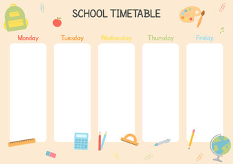 Cute childish school timetable. Weekly planner for students, pupils with days week, school study organizer vector template with cartoon school objects and symbols. Printable planner, diary for student