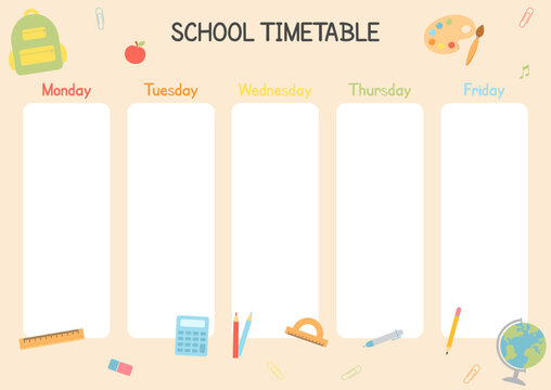 Cute childish school timetable. Weekly planner for students, pupils with days week, school study organizer vector template with cartoon school objects and symbols. Printable planner, diary for student