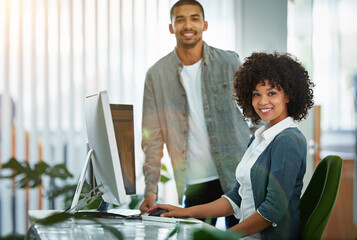 Happy, trust and excited team of designers working together on a project in the office. Portrait of African American businesspeople with a positive mindset and vision that support each other