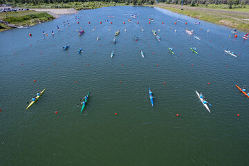 training of rowers on kayaks and canoes on rowing channel. top view