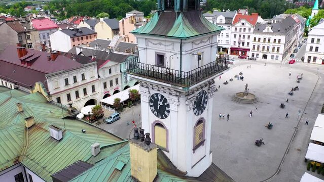 Clock tower of Town Hall, market square in historic part of Cieszyn, Poland, 4k