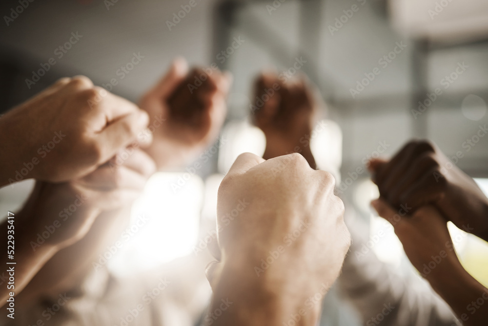Poster diverse people hold hands in teamwork, success and support while showing solidarity, trust and unity
