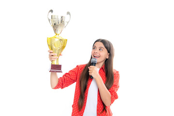 Teenage girl holding a trophy microphone speech. Kid winner child won the competition, celebrating success and victory, achievement award.