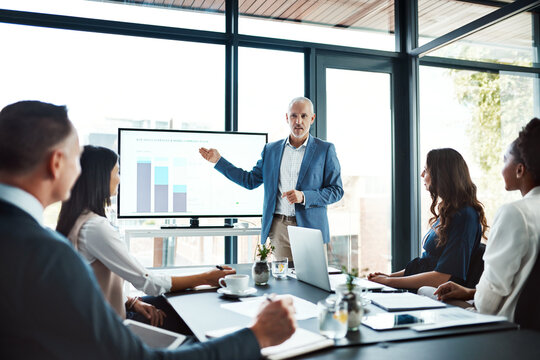Education, training or learning on screen in business boardroom meeting to analyze data, chart or report. Manager with team of motivated executives in workshop presentation to plan vision or strategy