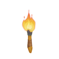 Cartoon medieval vector torch with burning fire