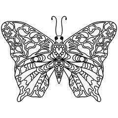 Isolated black line butterfly for tattoo, coloring book for adult and kids
