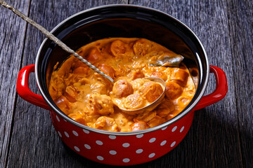 nakkikastike, finnish sausage in sauce, top view