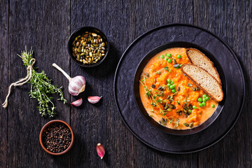 roast sweet potato and carrot soup with green peas