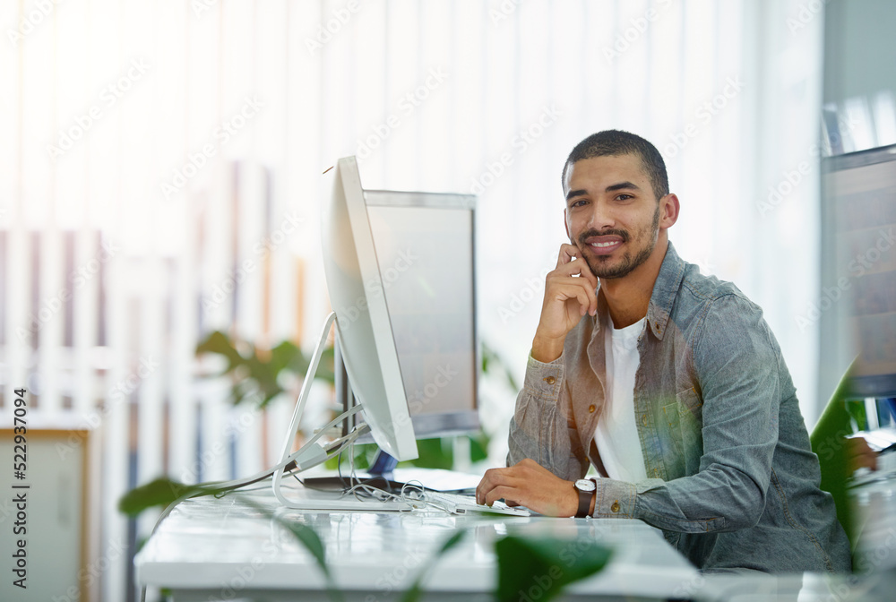 Poster Portrait of a happy business man typing on a computer, proud while working in a modern office. Confident , checking budget and savings while looking at online data
