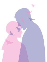 A man and a woman keep peace in their souls and support each other. Translucent silhouettes of a loving couple. Vector.