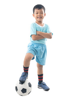 Asian Boy Playing Football Isolated, Healthy And Strong Kid