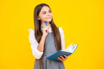 Back to school. Teenager schoolgirl with book ready to learn. School girl children on isolated...