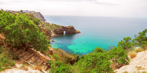 Beautiful landscape seacost with rocks at the sunny day