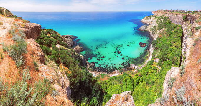 Beautiful landscape seacost with rocks at the sunny day